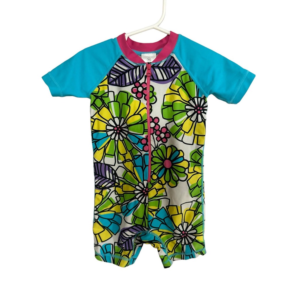 Hanna Andersson Blue Green Tropical Floral Rashguard Swimsuit 2T (80cm)